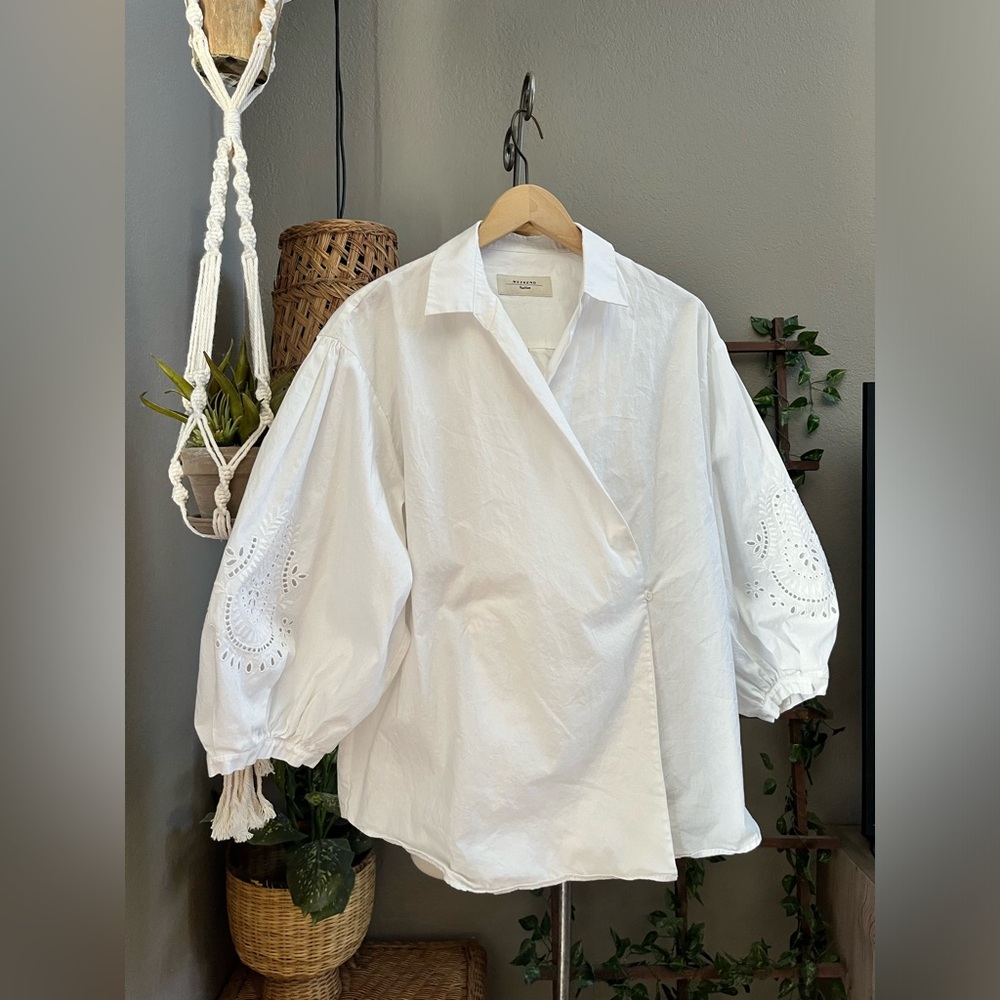 Weekend MaxMara Oversized V Neck Eyelet Wrap Puff Sleeve Blouse Top - Picture 3 of 11